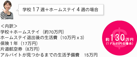 学校17週+ホームステイ4週の場合 約140万円