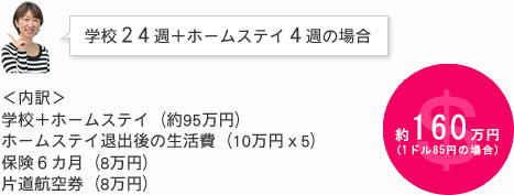 学校24週+ホームステイ4週の場合 約160万円
